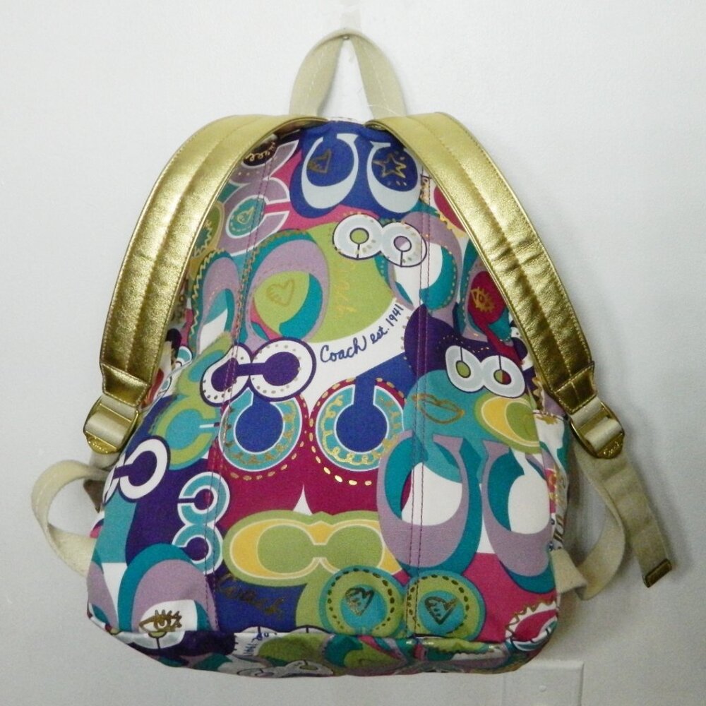 Coach 19432 Poppy Multi Color Graffiti Backpack with Gold Tone Leather Trim EUC! - Picture 3 of 10